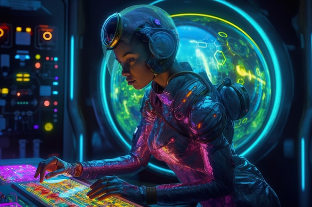 Eine Frau sitzt an einem Computer in einer futuristischen Weltraumszene.