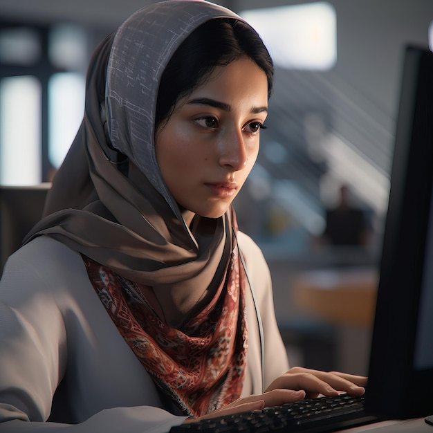 Eine Frau sitzt an einem Computer und trägt einen Hijab.