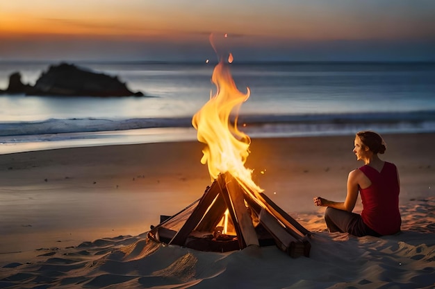 Eine Frau sitzt an einem Feuer, während ein brennender Mann am Strand sitzt und im Hintergrund ein Feuer brennt.