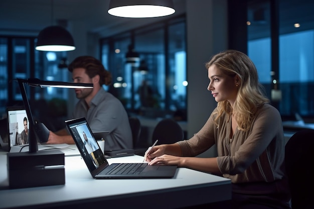 Eine Frau sitzt an einem Schreibtisch in einem Büro, im Hintergrund ein Surface-Pro-Laptop.