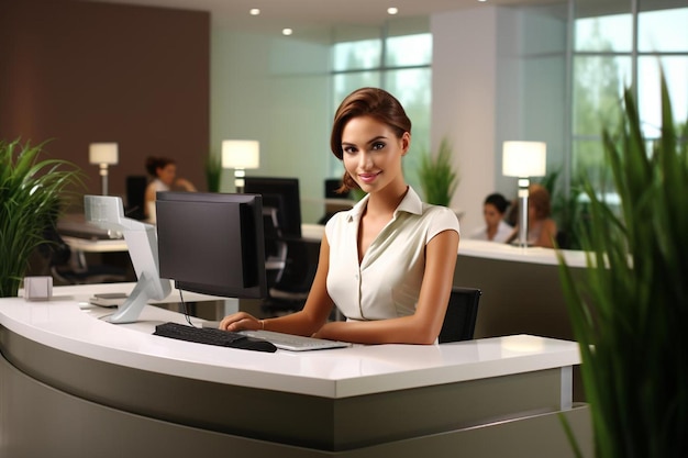 Eine Frau sitzt an einem Schreibtisch in einem Büro mit einem Computermonitor und einem Monitor mit Tastatur.