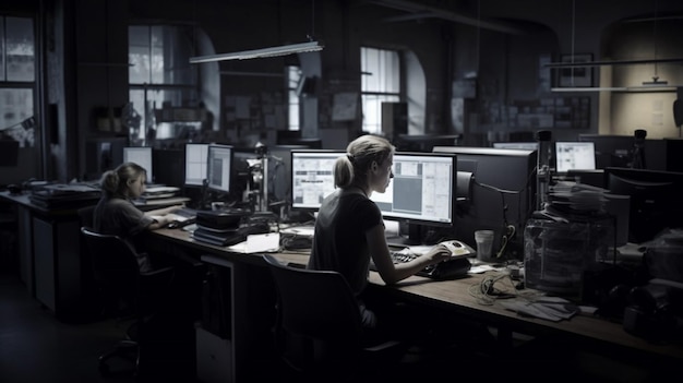 Eine Frau sitzt an einem Schreibtisch in einem dunklen Raum mit mehreren Monitoren.