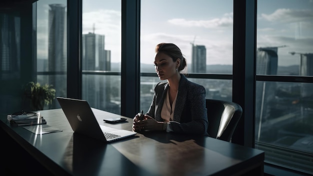 Eine Frau sitzt an einem Schreibtisch in einem Konferenzraum mit Blick auf die Skyline der Stadt.