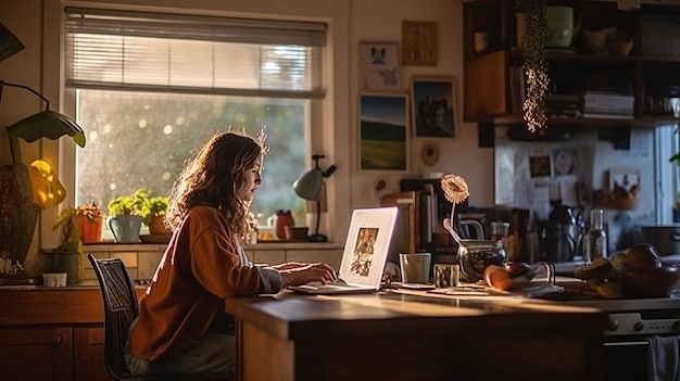 Eine Frau sitzt an einem Schreibtisch in einer Küche und arbeitet an einem Laptop.