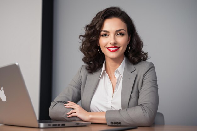 eine Frau sitzt an einem Schreibtisch mit einem Laptop