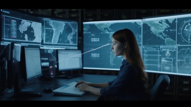 Eine Frau sitzt an einem Schreibtisch mit mehreren Monitoren, auf dem Bildschirm steht die Aufschrift „Cybersicherheit“.