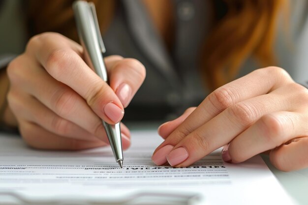 Foto eine frau sitzt an einem schreibtisch und benutzt einen stift, um auf ein stück papier zu schreiben. eine geschäftsfrau unterschreibt einen vertrag mit einem metallischen stift.