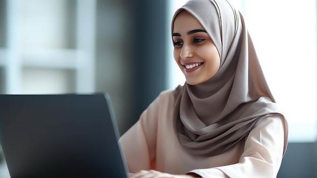 Eine Frau sitzt an einem Schreibtisch und lächelt auf einen Laptop.