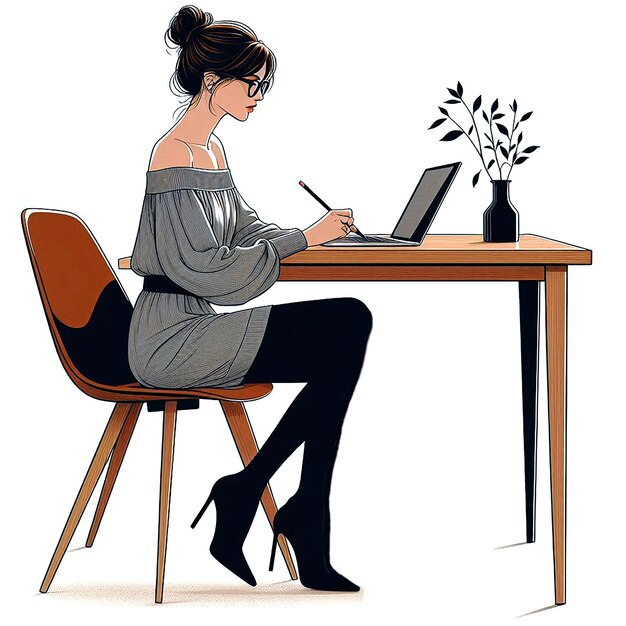 eine Frau sitzt an einem Schreibtisch und schreibt auf einem Laptop