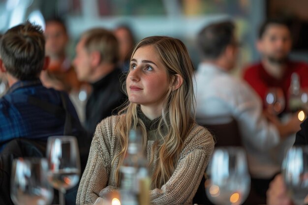 Eine Frau sitzt an einem Tisch in einem Restaurant