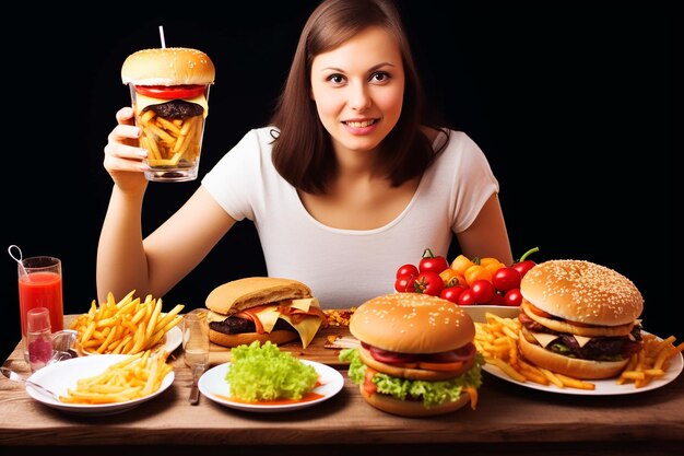 eine Frau sitzt an einem Tisch mit einem Hamburger und Pommes Frites.