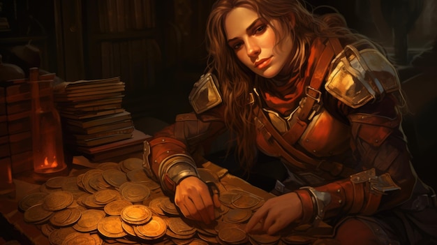 Foto eine frau sitzt an einem tisch mit einem haufen münzen