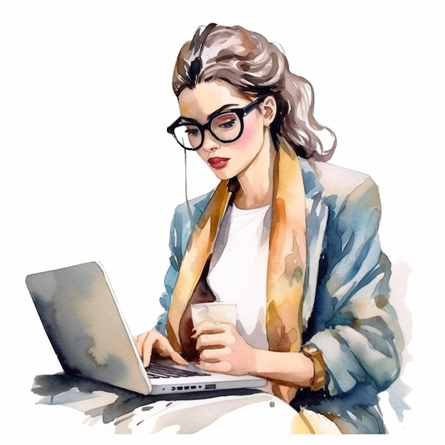 Eine Frau sitzt an einem Tisch mit einem Laptop und einer Tasse Kaffee.