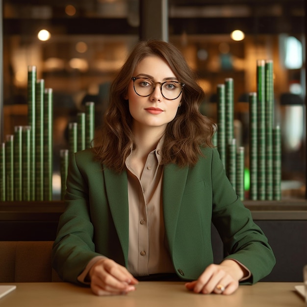 Foto eine frau sitzt an einem tisch mit einer grünen jacke auf dem schoß.