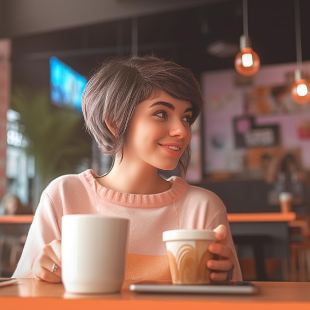eine Frau sitzt an einem Tisch mit einer Tasse Kaffee.