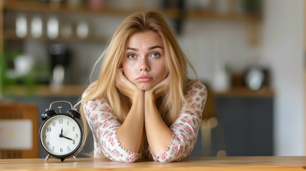 Eine Frau sitzt an einem Tisch mit einer Uhr vor ihr