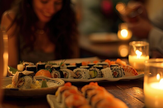 Foto eine frau sitzt an einem tisch mit sushi-tellern