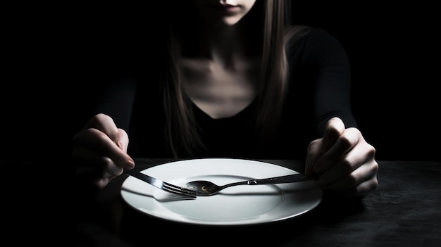 Eine Frau sitzt an einem Tisch mit Teller und Gabel vor sich.