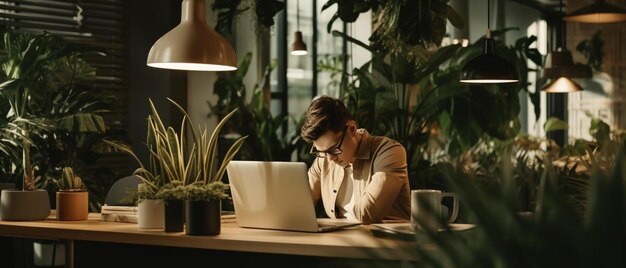 Eine Frau sitzt an einem Tisch und arbeitet an einem Laptop