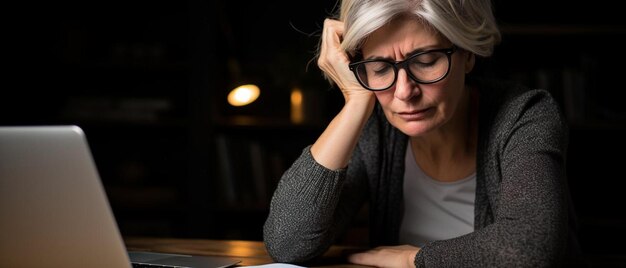 Eine Frau sitzt an einem Tisch und hat einen Laptop vor sich