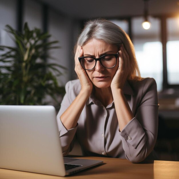 Eine Frau sitzt an einem Tisch und hat einen Laptop vor sich