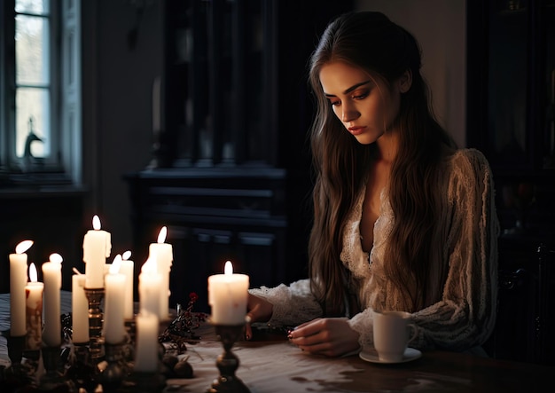 Eine Frau sitzt an einem Tisch vor einem Haufen Kerzen