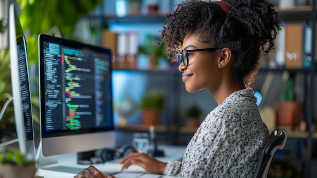Eine Frau sitzt an ihrem Computer und konzentriert sich auf ihre Arbeit. Der Bildschirm zeigt einen Code, der darauf hindeutet, dass sie eine Programmiererin ist. Sie arbeitet bis spät, da der Hintergrund schwach beleuchtet ist und es eine Pflanze in der Ecke gibt.