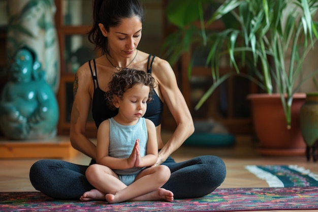 Eine Frau sitzt auf dem Boden und hält ein Kind auf dem Schoß, um einen warmen und intimen Moment zwischen ihnen zu schaffen. Eine Mutter und ihr Kind üben zusammen Yoga.