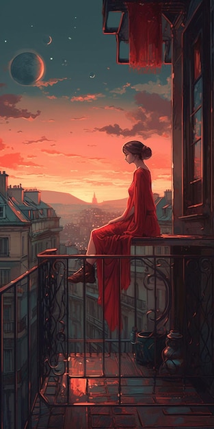 Eine Frau sitzt auf einem Balkon und blickt auf den Sonnenuntergang.