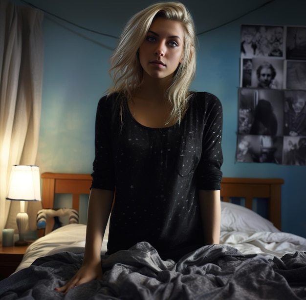 Eine Frau sitzt auf einem Bett in einem dunklen Raum, hinter ihr hängt ein Poster an der Wand