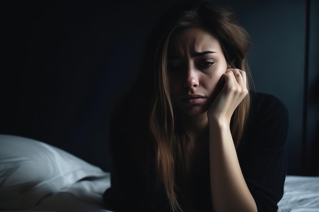 Eine Frau sitzt auf einem Bett in einem dunklen Raum mit dunklem Hintergrund.