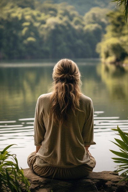 eine Frau sitzt auf einem Felsen in der Nähe des Wassers