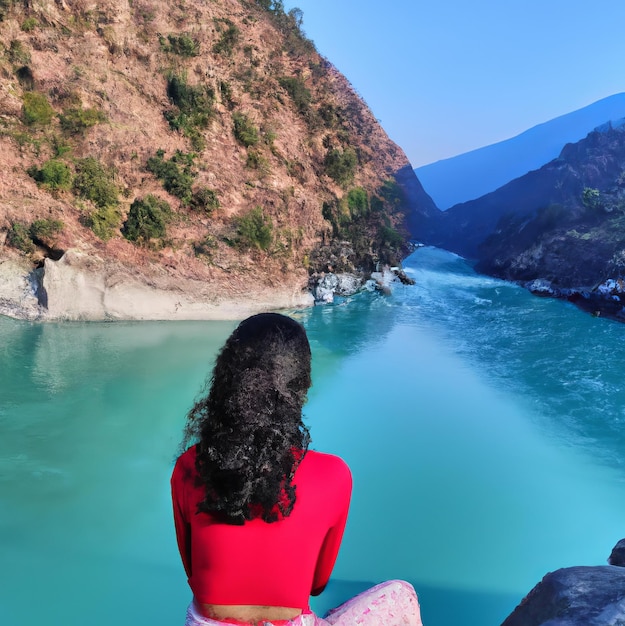 Eine Frau sitzt auf einem Felsen mit Blick auf einen Fluss und blickt auf das Wasser.