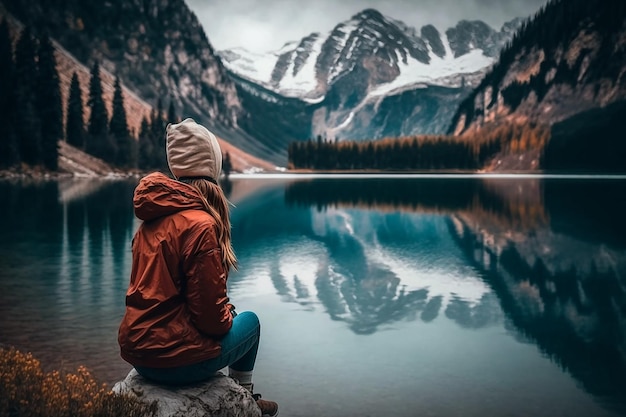 Eine Frau sitzt auf einem Felsen vor einem Bergsee.