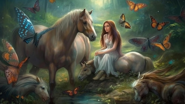 Eine Frau sitzt auf einem Pferd und hat einen Schmetterling auf der Schulter.