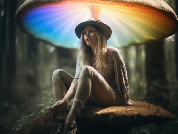 Eine Frau sitzt auf einem Pilz im Wald. Generatives KI-Bild