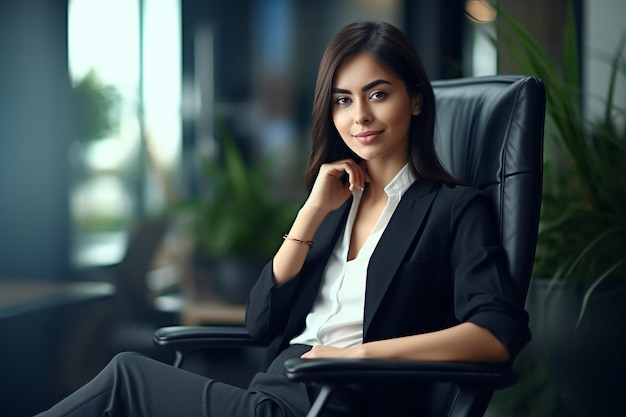 Eine Frau sitzt auf einem Stuhl in einem Büro