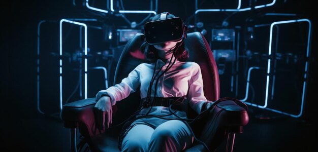 Eine Frau sitzt auf einem Stuhl und hat ein Virtual-Reality-Headset vor sich.