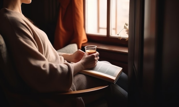 Eine Frau sitzt auf einem Stuhl und liest ein Buch und hält ein Glas Wein in der Hand.