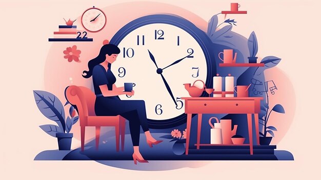 eine Frau sitzt auf einem Stuhl vor einer Uhr mit der Zeit als 4 : 30.