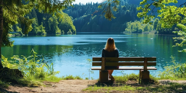 Eine Frau sitzt auf einer Bank mit Blick auf einen ruhigen See