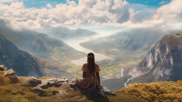 Eine Frau sitzt auf einer Bergspitze und schaut auf ein Tal