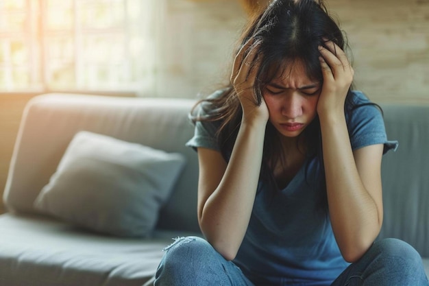 eine Frau sitzt auf einer Couch mit dem Kopf in den Händen