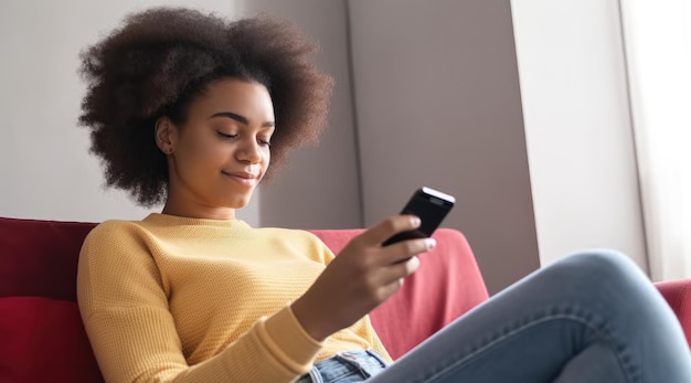 Eine Frau sitzt auf einer Couch, schaut auf ihr Telefon und liest eine Nachricht über das Unternehmen.