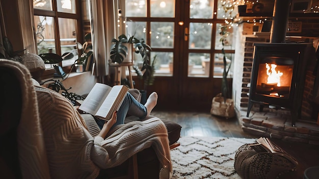 eine Frau sitzt auf einer Couch und liest ein Buch bei einem Kamin