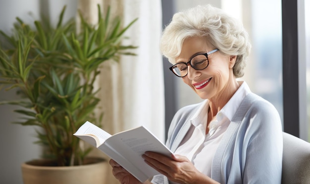 Eine Frau sitzt auf einer Couch und liest ein Buch