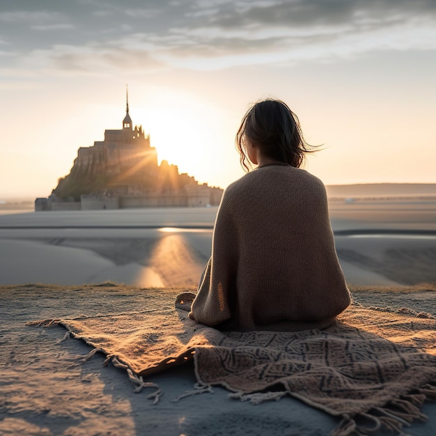 Eine Frau sitzt auf einer Decke vor einem Schloss in Frankreich.