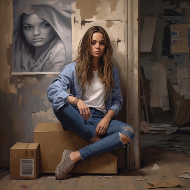 Eine Frau sitzt auf einer Kiste, auf der steht, dass das Mädchen an der Wand hängt