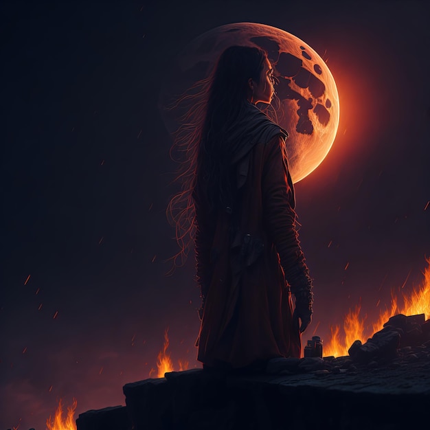 Eine Frau sitzt auf einer Klippe und blickt auf den Mond.