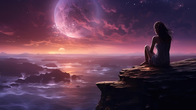 eine Frau sitzt auf einer Klippe und schaut auf den Mond
